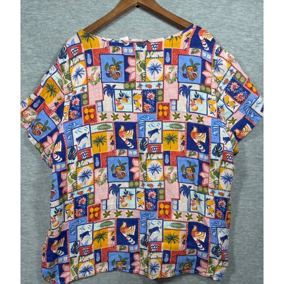 C&C California 100% Linen Womens Top 3X Multicolor Tropical Beachy Island - Picture 5 of 5